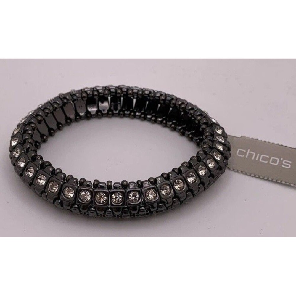 Chicos Stretch Bracelet Black Gunmetal Tone With Rhinestones 2 Row New NWT